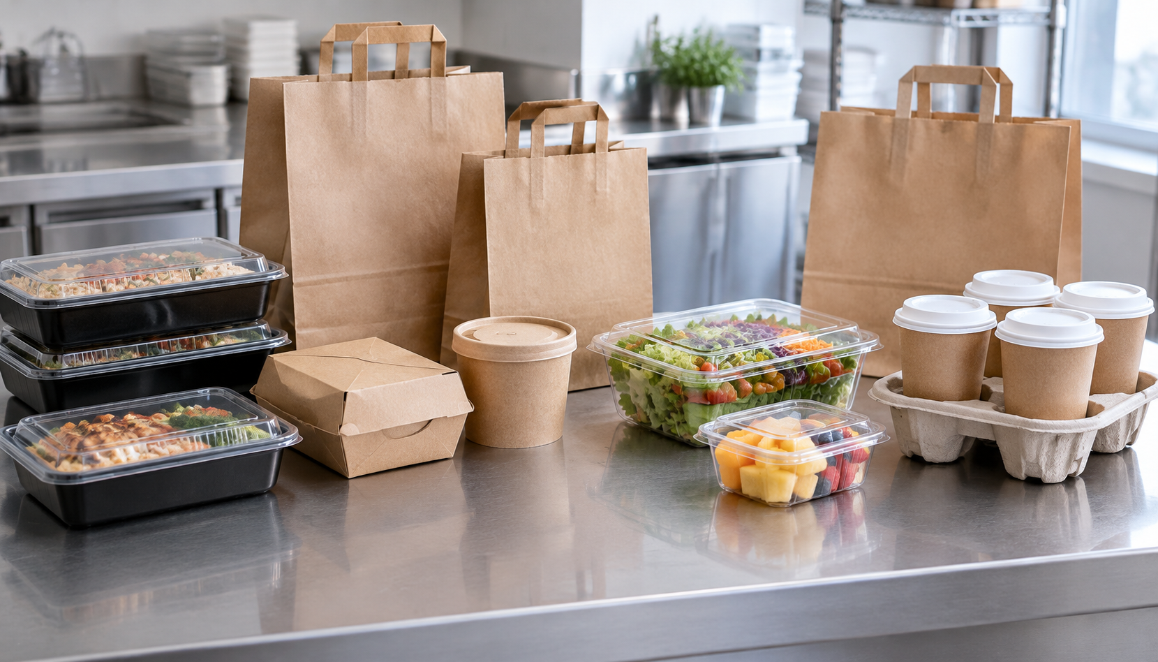 Illustrative packaging for food delivery orders with meal containers, soup packs, chilled-food packaging, and drink carriers