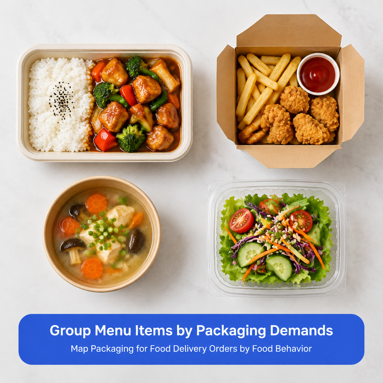Mixed-menu delivery packaging grouped by sauced meals, crisp sides, liquids, and chilled dishes
