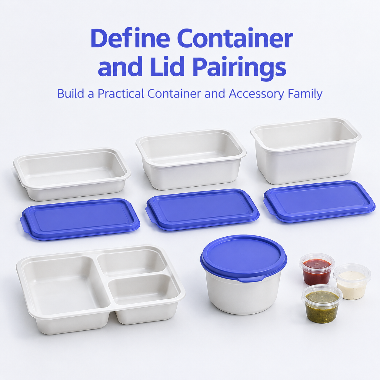 Takeaway container samples with different depths and individually paired lids for compatibility checks