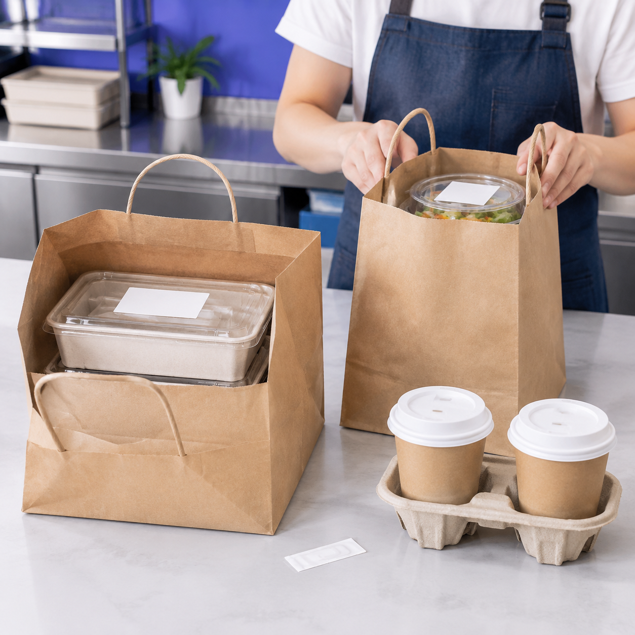 Mixed delivery order with separated hot and cold packs and cups secured in a drink carrier